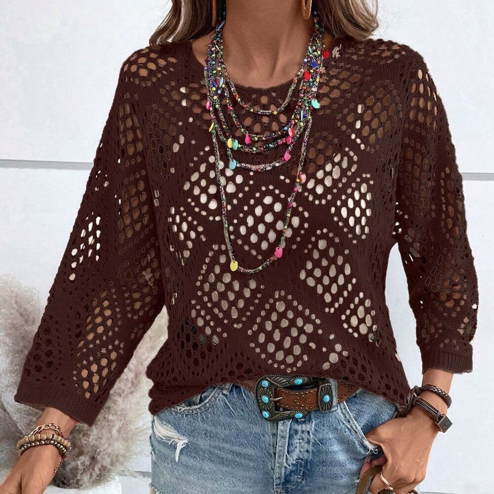 Chocolate Brown Casual Women's Vacation Sweater with V-Neck 3/4 Sleeve